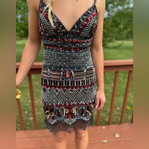 Jovani Black and Red Beaded Mini Dress